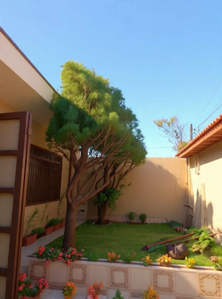 Quintal com árvore ornamental e canteiro florido